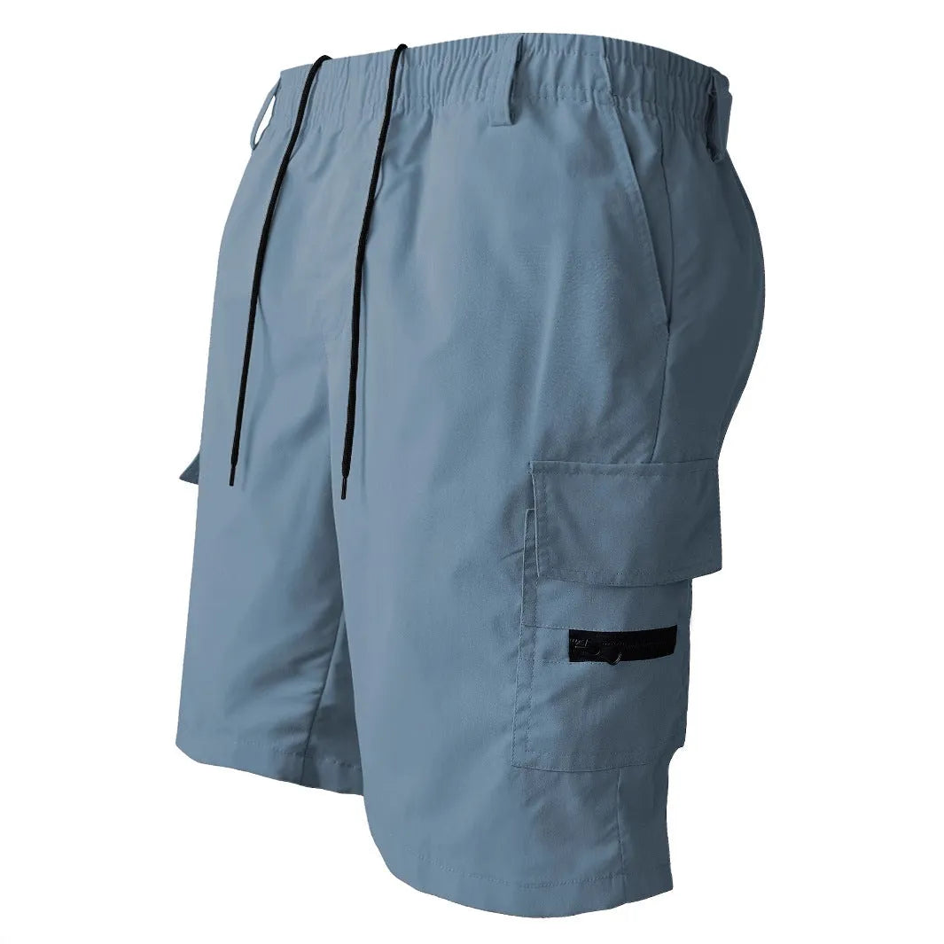 Loose straight-leg casual shorts in blue, American sport style, made from polyester fabric.