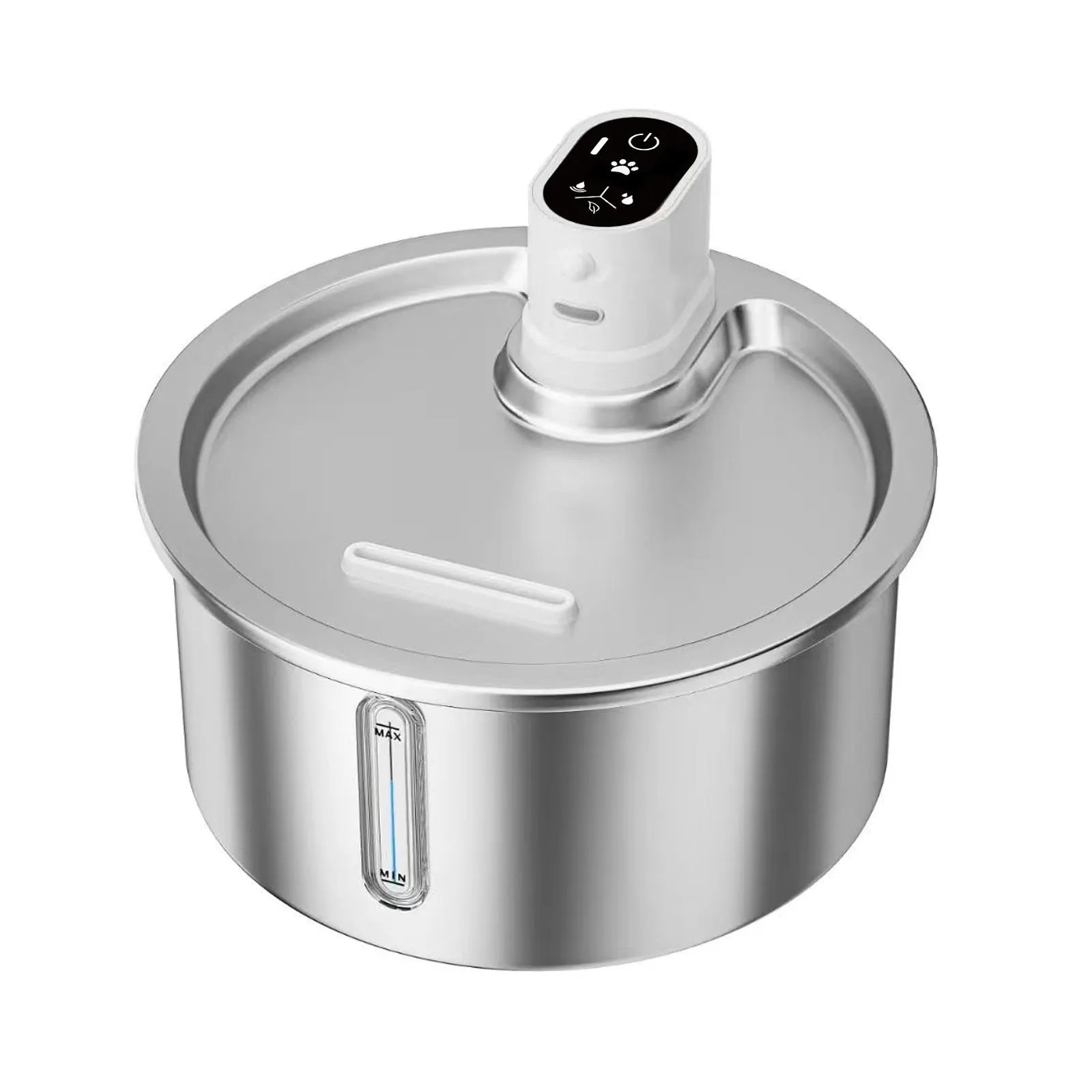 Stainless steel heated pet water fountain for cats and dogs on a nine-gear temperature base.