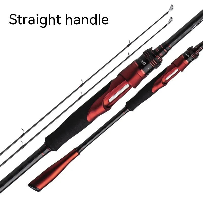 Carbon fibre fishing rod showing straight handle and pikestaff style options for lure fishing.