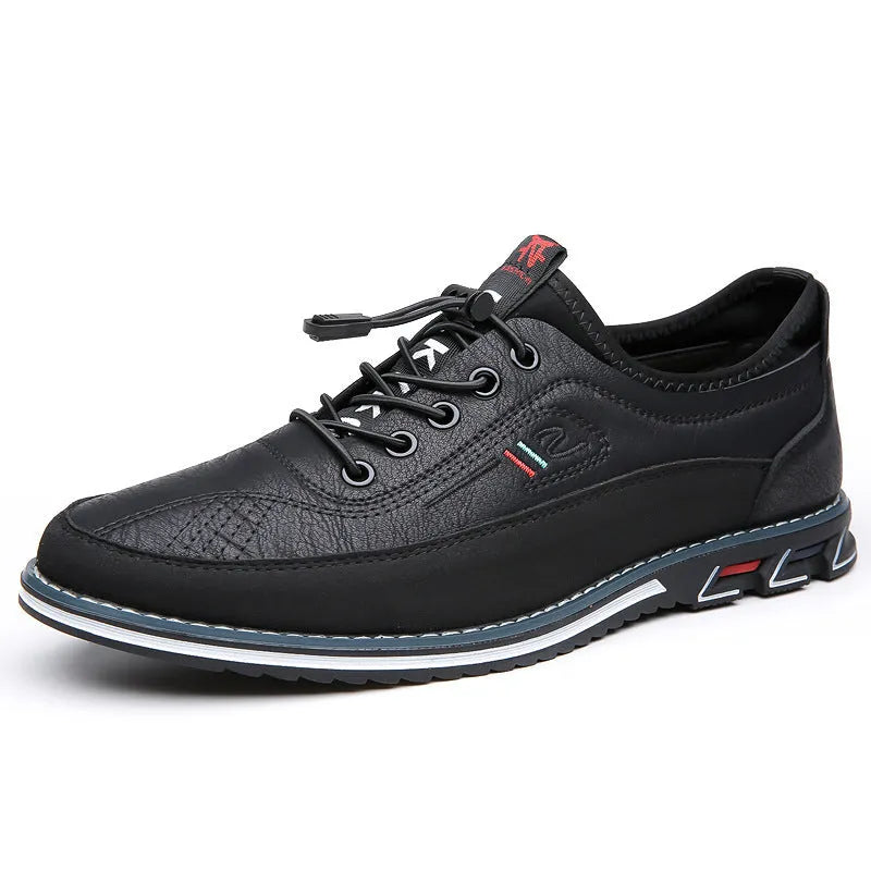 Genuine leather men's sports shoes black colour with vulcanised rubber sole and buckle closure