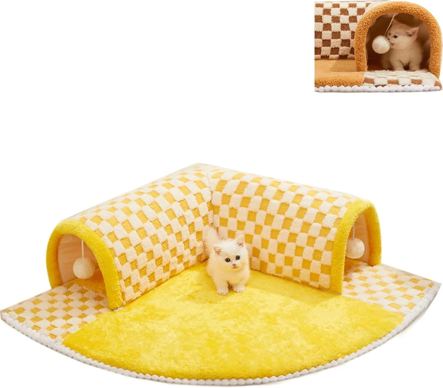 Brown plush plaid cat tunnel bed with central mat for indoor cats