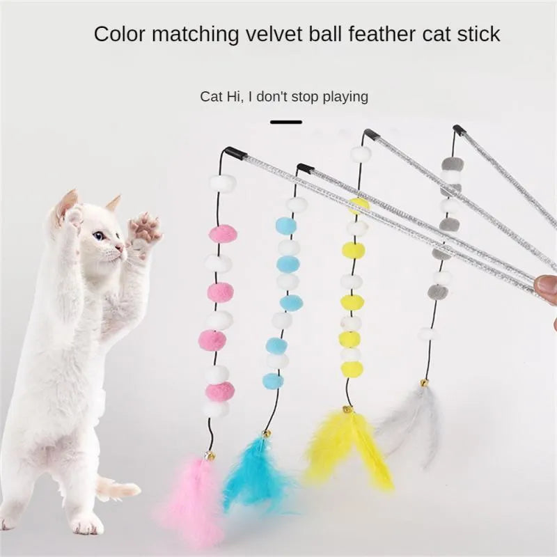 Colourful cat teaser toy rod with bell, feathers and pompons on 31cm stick