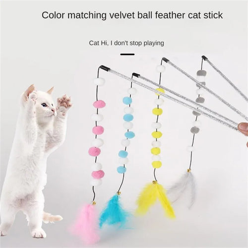 Colourful cat teaser toy rod with bell, feathers and pompons on 31cm stick