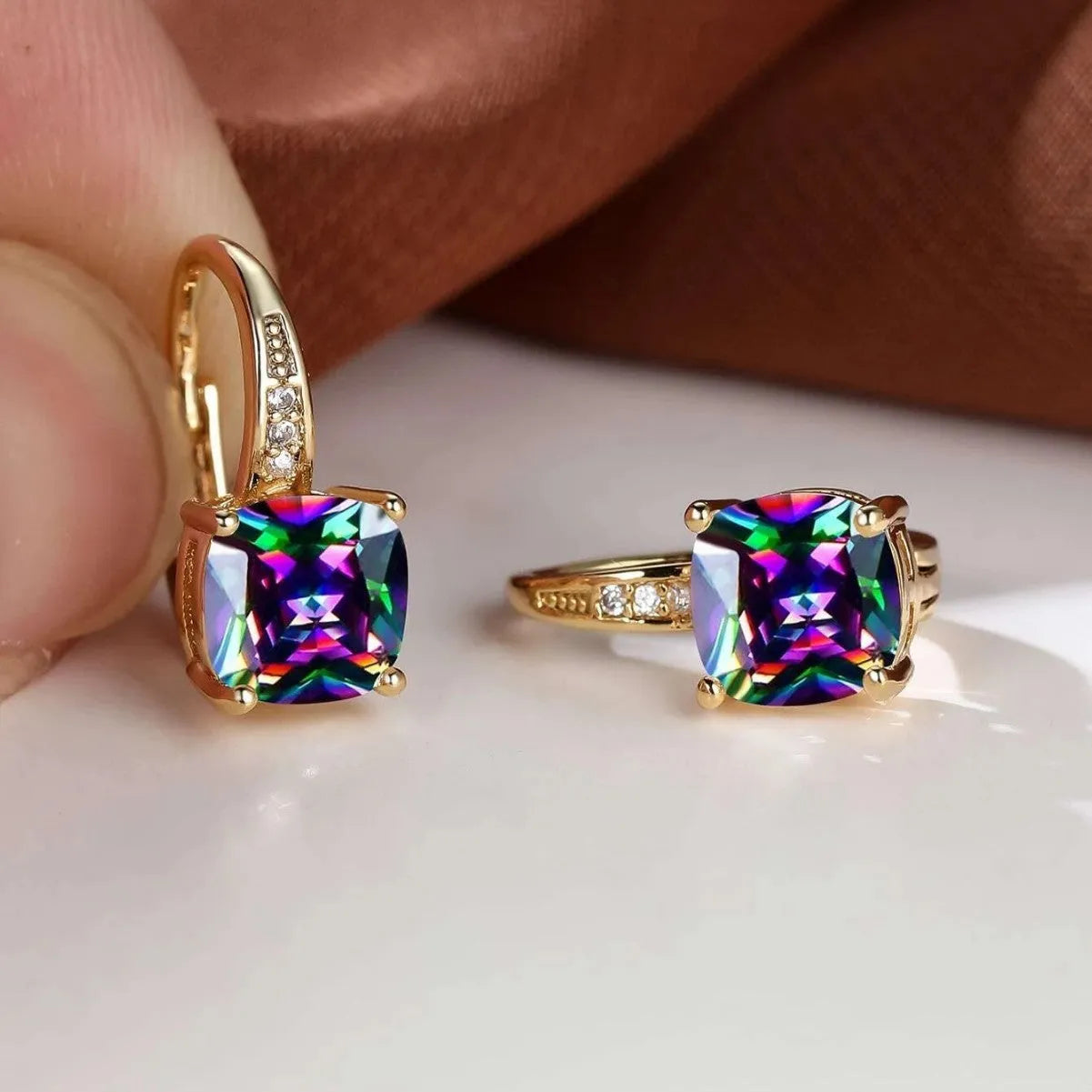 Square geometric ear clip with colourful moissanite inlays in gold electroplated finish
