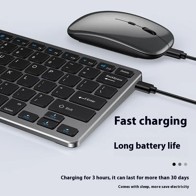 Ultra-thin wireless keyboard and mouse suit in black, grey, or silver with rechargeable Bluetooth connectivity