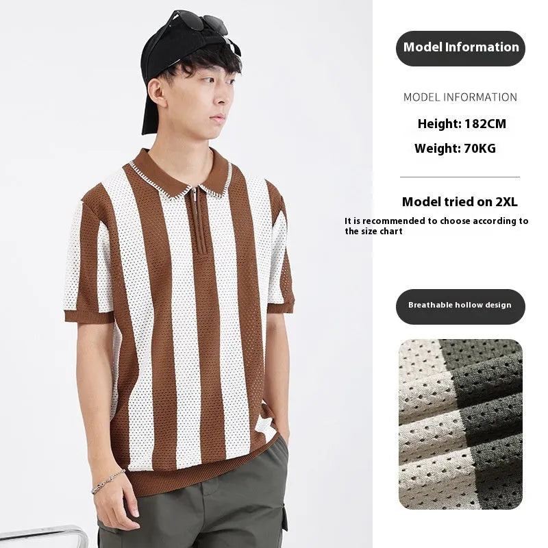 Men's striped ice silk short sleeve sweater with zipper decoration in multiple colours