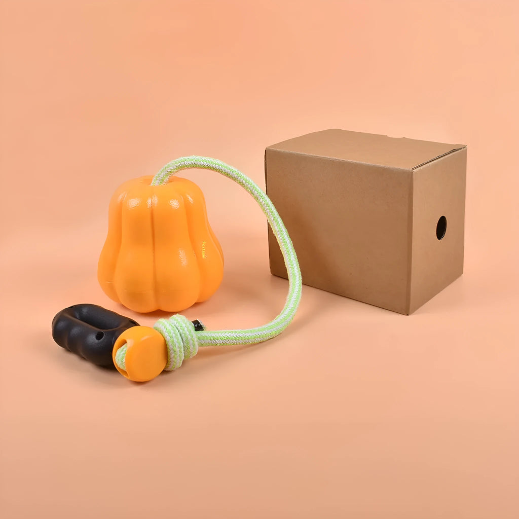 Pumpkin orange plastic dog toy with bite molar texture and an integrated blue tug-of-war rope.