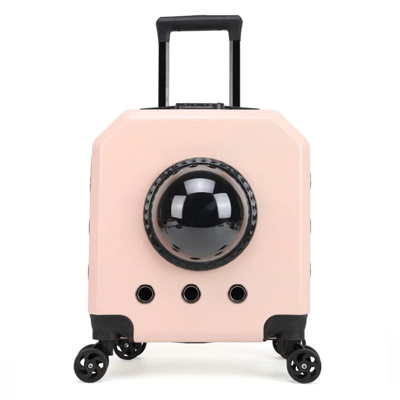 Hard PVC pet flight case on wheels in orange colour with removable luggage compartment.