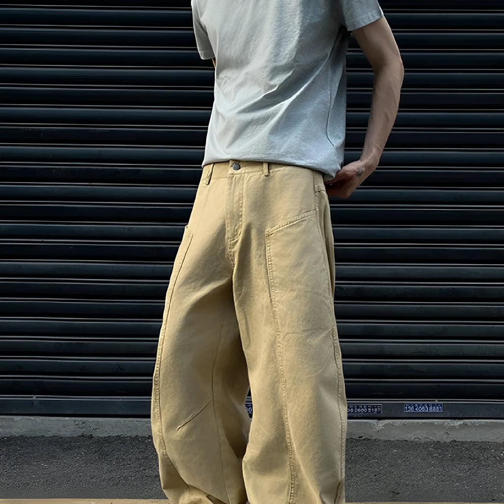 Khaki straight-leg cotton trousers on hanger showing American retro styling