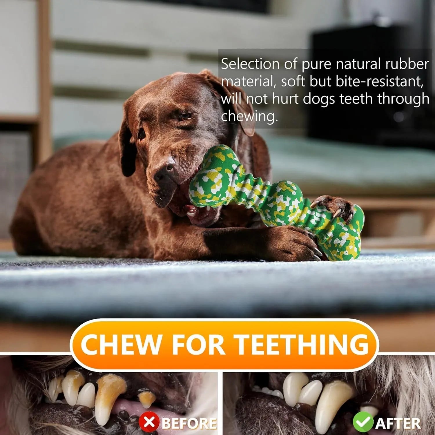Green and white camouflage patterned natural rubber bone chew toy for dogs on a wooden floor.