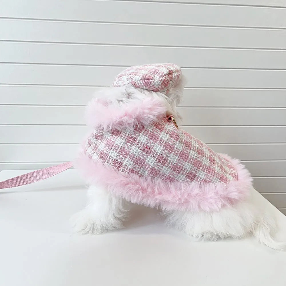 Pink cat clothing set with beret, cloak and hand holding rope for female cats