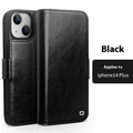 Genuine leather magnetic flip cover for iPhone 14 Pro in black with closed magnetic flap