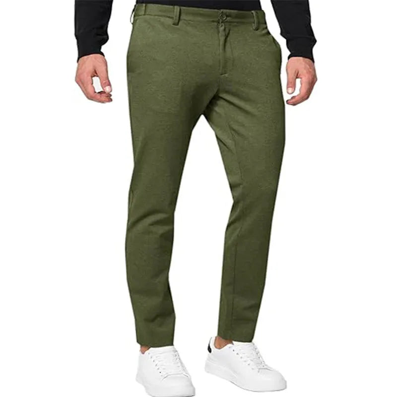 Men's slim-fit tapered chino trousers in cotton blend fabric showing Army Green colour option