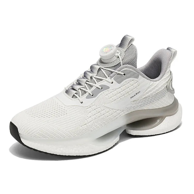 Low-top men's running shoes with buckle closure in solid colours showing Fly-knit mesh upper and TPU soles