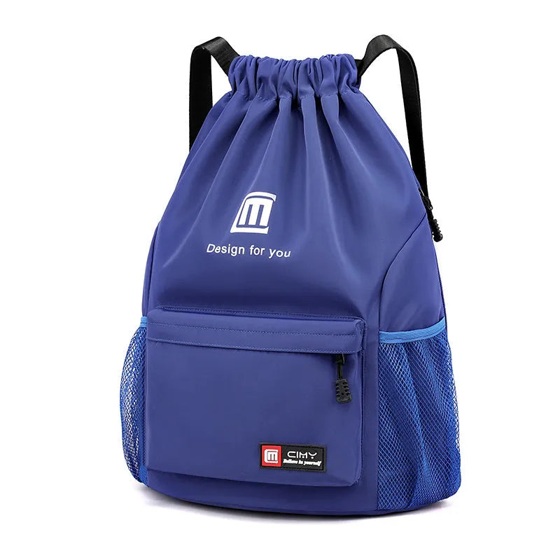 Oxford waterproof drawstring travel backpack in multiple colours showing foldable design and shoulder straps