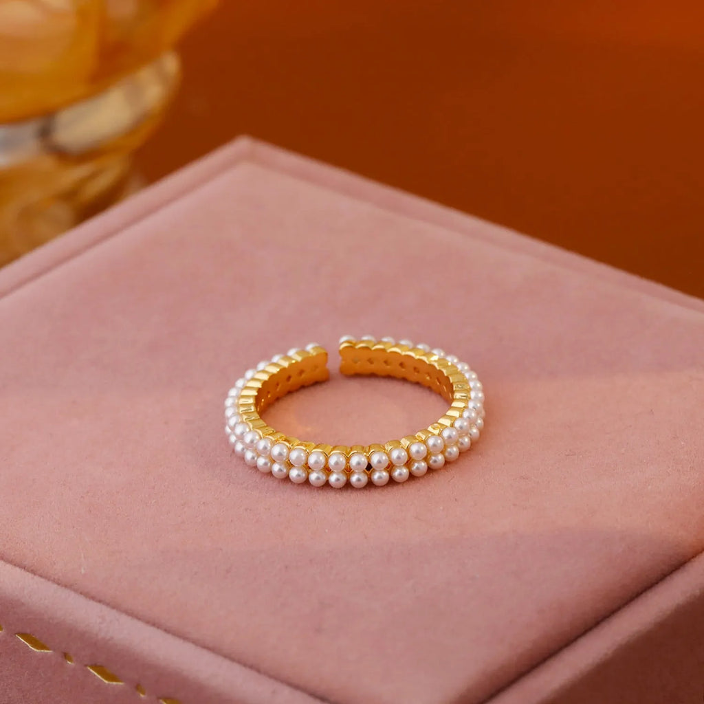 Gold geometric pearl women's adjustable open ring on copper with round elements