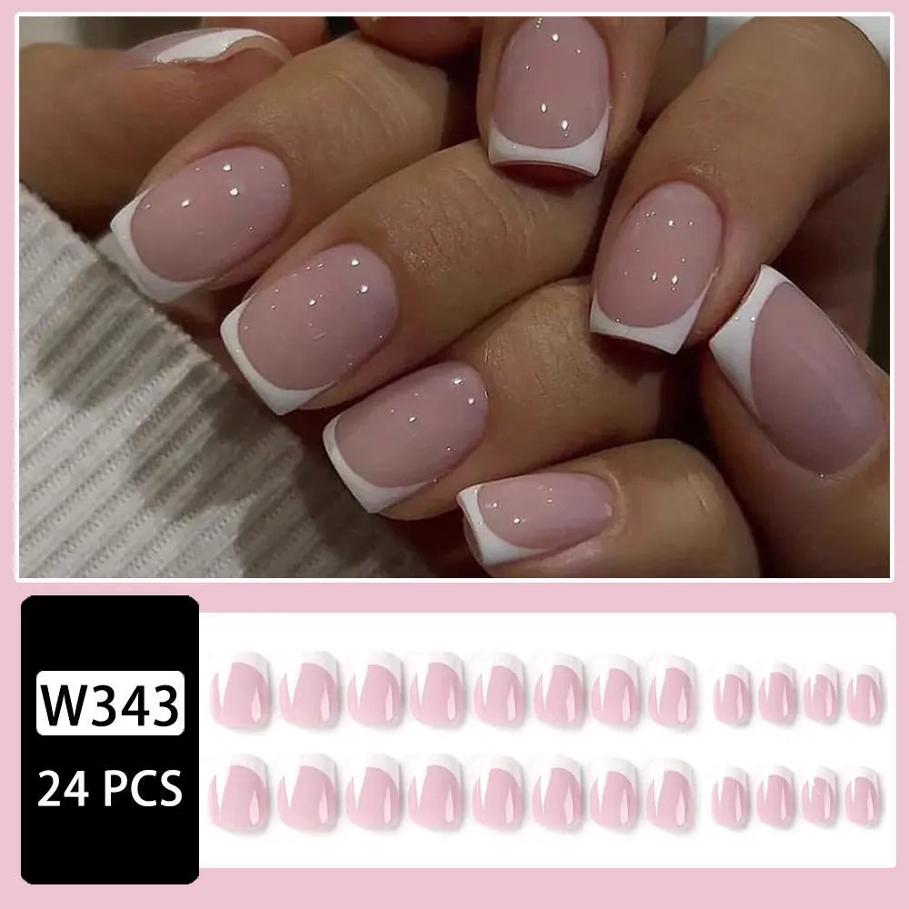 White plaid pattern fake nails coffin shape 24 pieces for nail extensions