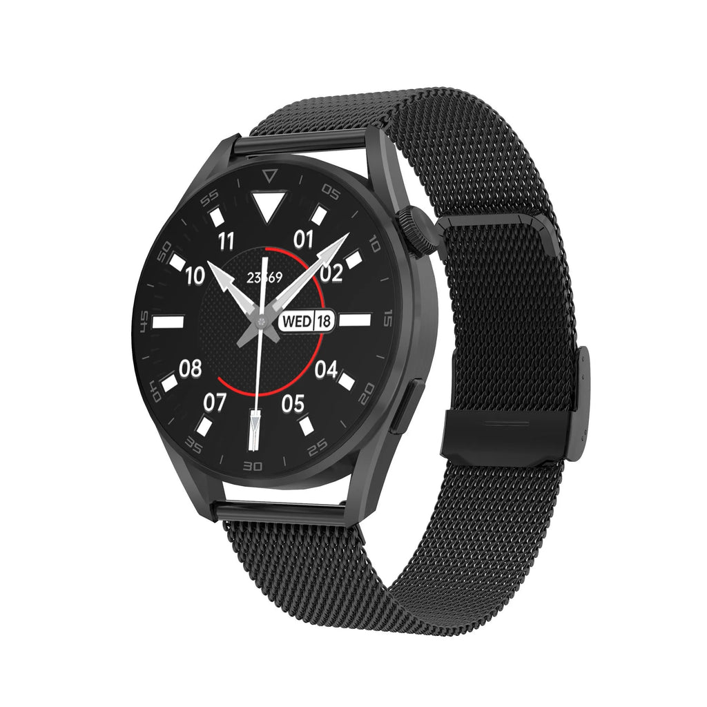 Black smart watch with Bluetooth calling and QR code scan function on a leather strap