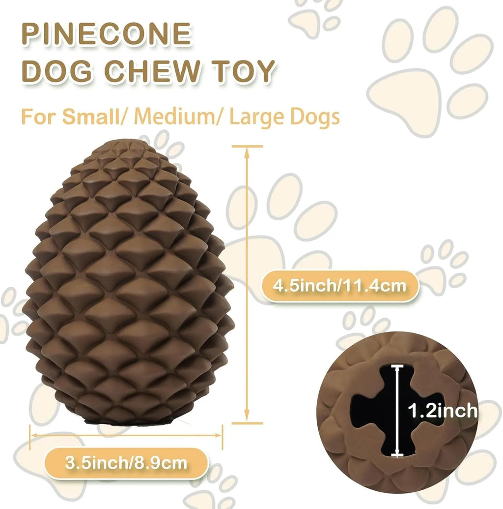Yellow pine cone shaped tough dog toy made from natural rubber with treat dispenser for large breed dogs.