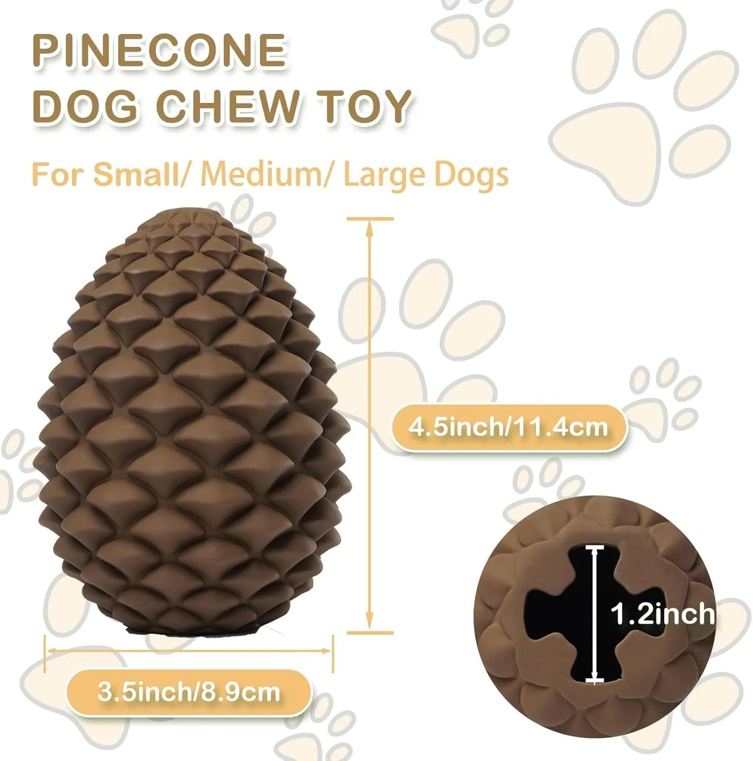 Yellow pine cone shaped tough dog toy made from natural rubber with treat dispenser for large breed dogs.