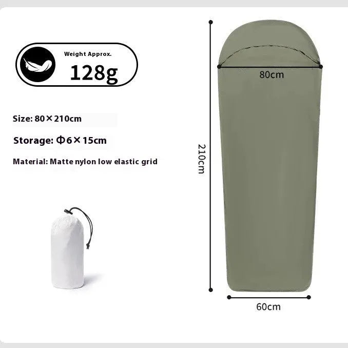 Blue mummy-style nylon sleeping bag for adult camping with dimensions 210cm x 80cm