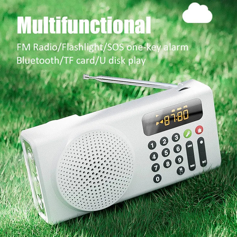 V70 portable emergency radio in white with buttons and speaker grille, showing Bluetooth and FM modes, 160x46x76mm size