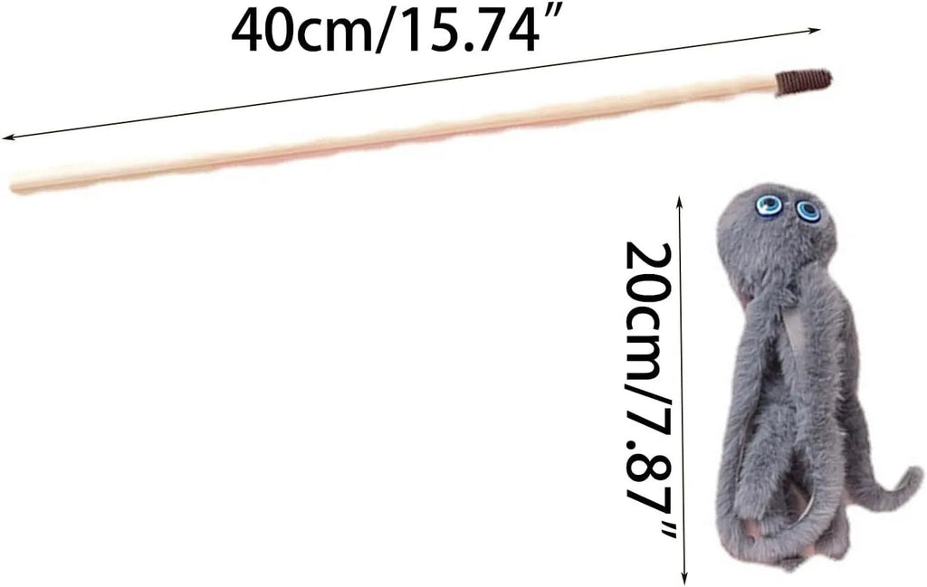 Octopus-themed furry cat toy with eyes on 40cm long stick for indoor kitten play