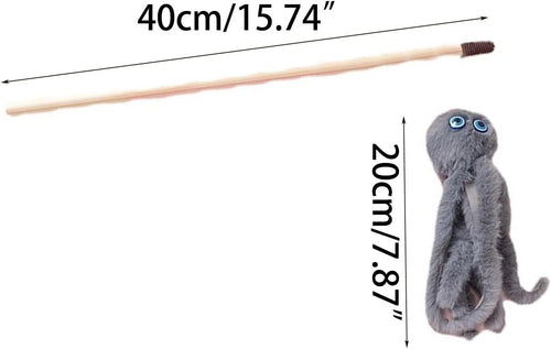 Octopus-themed furry cat toy with eyes on 40cm long stick for indoor kitten play