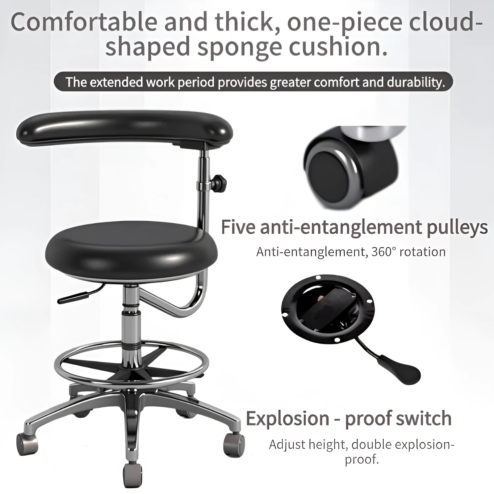 Black leather dental chair for clinic use as a dentist or nurse seat.
