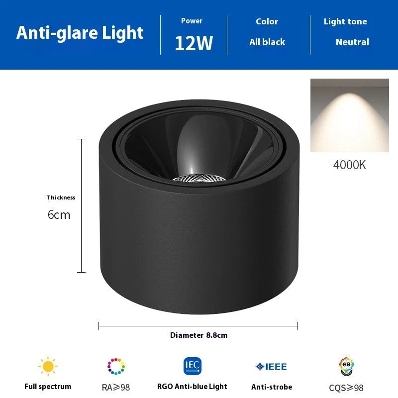 Ultra-thin surface mounted adjustable angle ceiling light aluminium 12W 15W black white finish