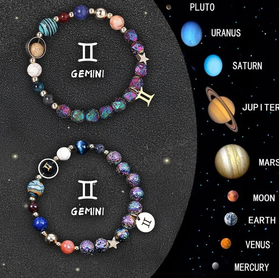 Two natural stone beaded bracelets with zodiac symbols on an adjustable cord.