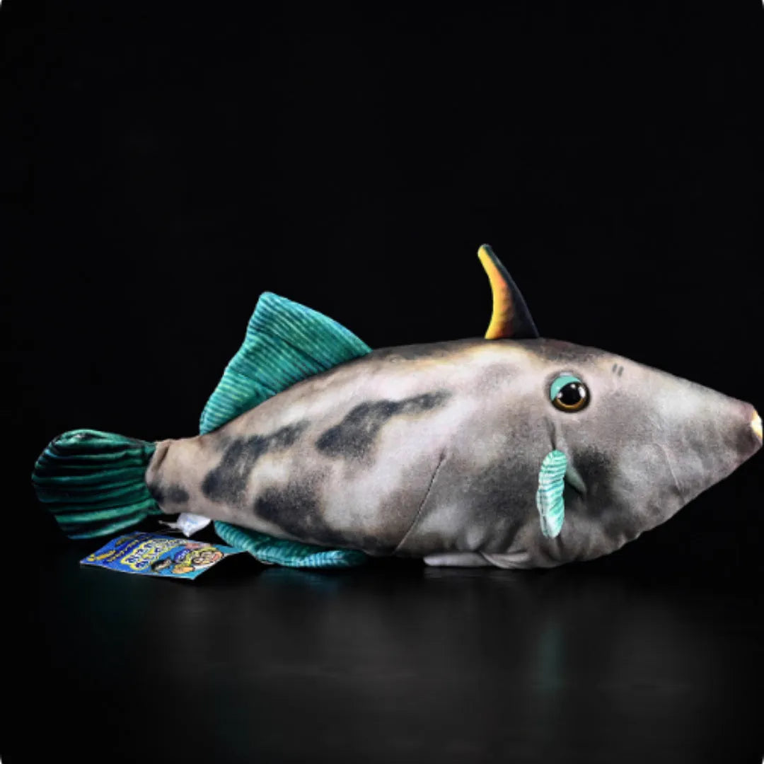 Simulation green fin pufferfish plush toy 42cm flannel soft doll on display