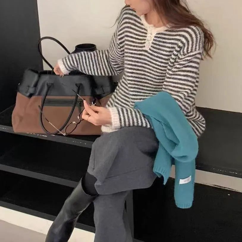 Women's blue striped cashmere pullover sweater with retro styling and long sleeves