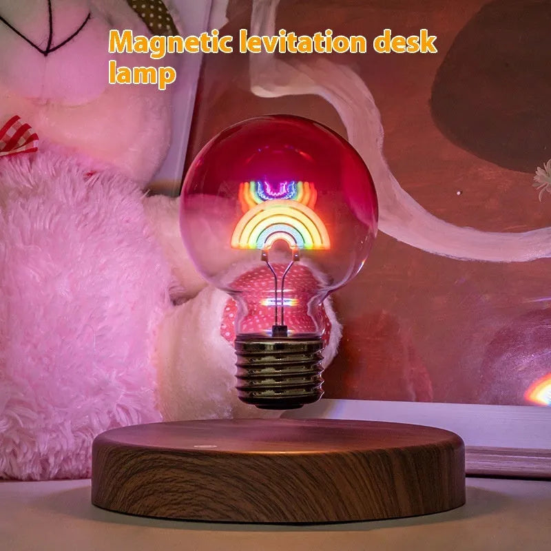 Magnetic suspension love night lamp with floating bulb, geometric modern art design, 80mm diameter, rainbow light on desk