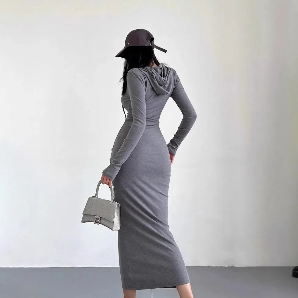 Women's grey hooded long sleeve sheath dress with a high waist and over-the-knee length.