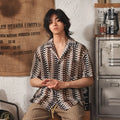 Japanese style Cuban collar men's shirt with hollow jacquard pattern in grey and red colours