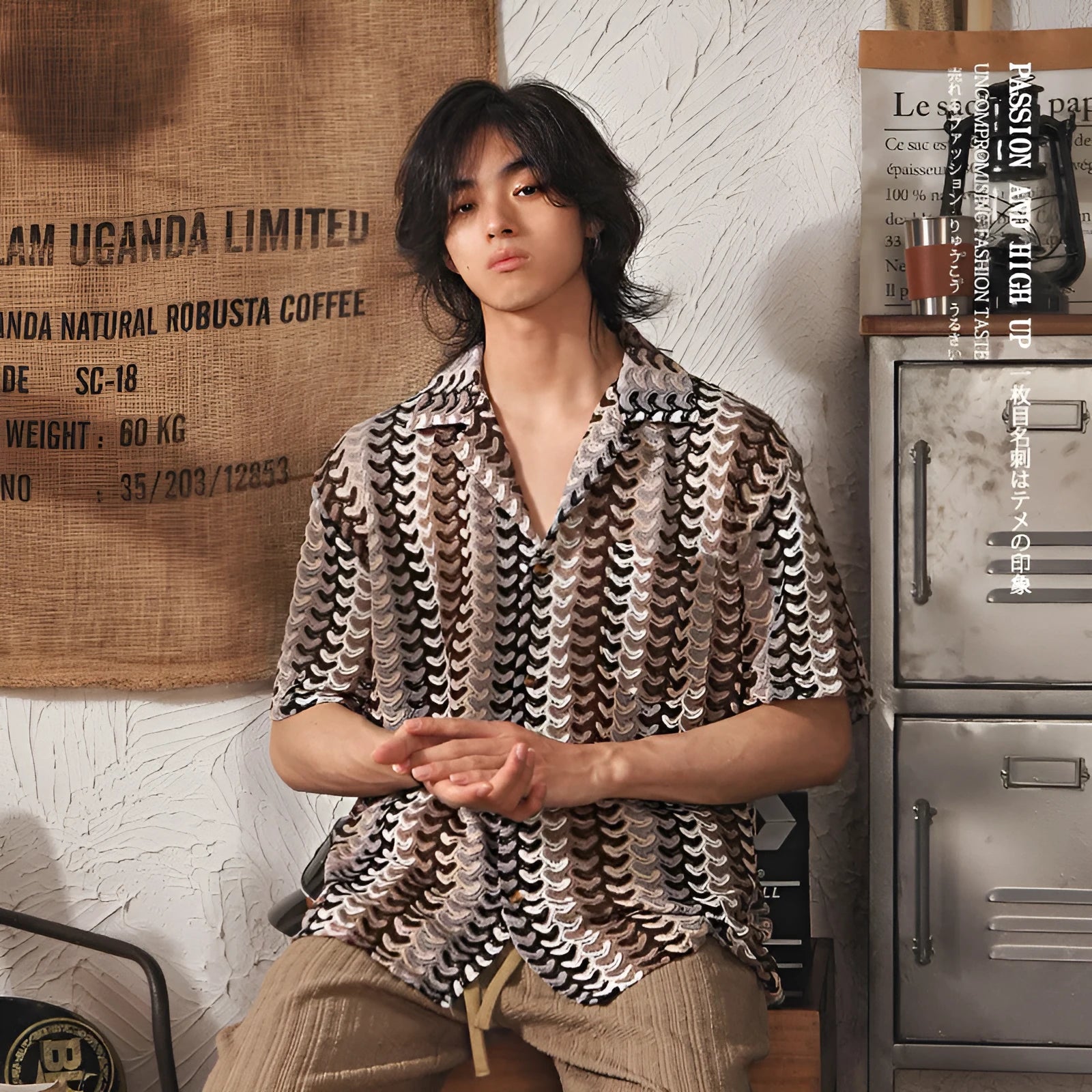 Japanese style Cuban collar men's shirt with hollow jacquard pattern in grey and red colours