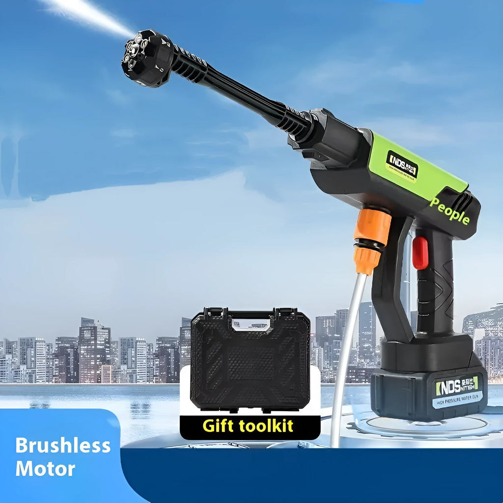 Green cordless high-pressure water gun with metal nozzle and accessories including battery and foam pot
