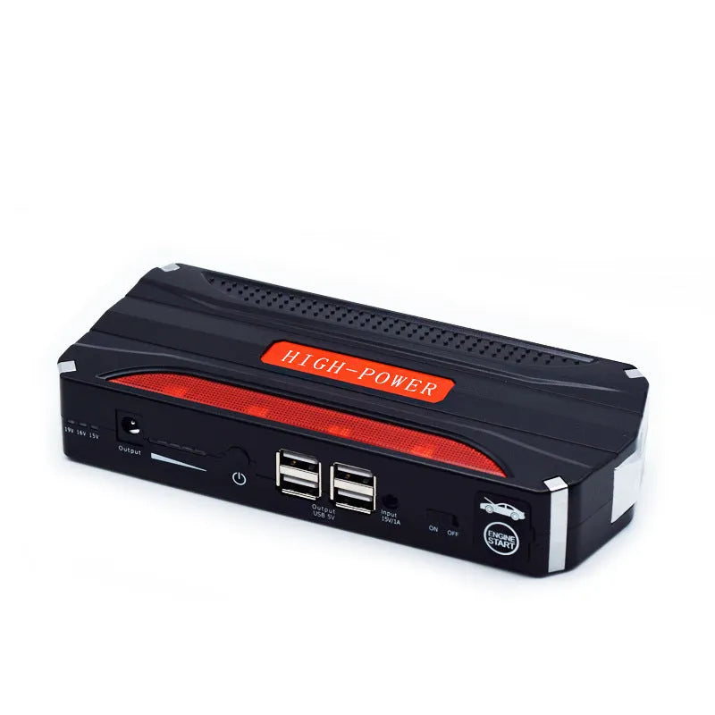 Black-red 12V vehicle emergency starting power supply measuring 178x80x30mm with safety protections