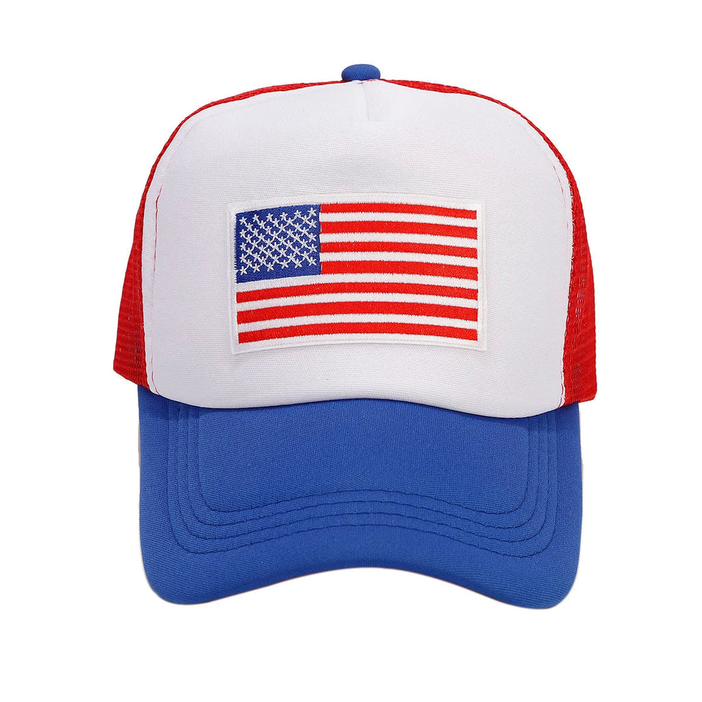 Red and blue dome-crown baseball cap with adjustable strap and breathable mesh design