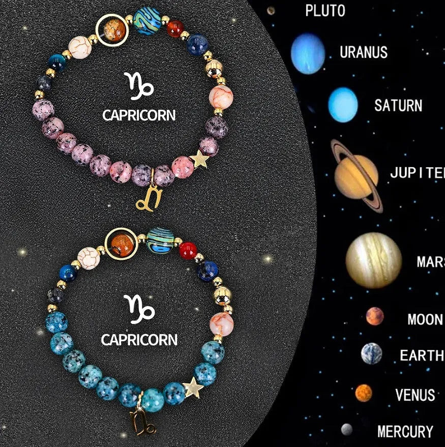 Two natural stone beaded zodiac bracelets laid side by side, showing different stone textures and colours.