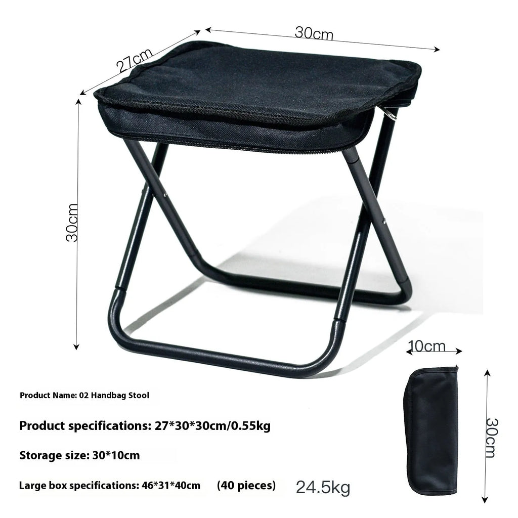 Outdoor folding camp stool in khaki colour with crossbody carry bag, shown in folded and unfolded states.