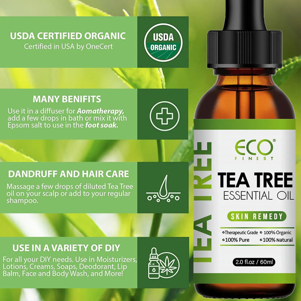 60ml tea tree essential oil bottle for facial acne treatment and massage application