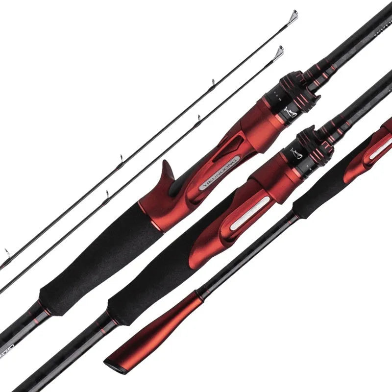 Carbon fibre fishing rod showing straight handle and pikestaff style options for lure fishing.