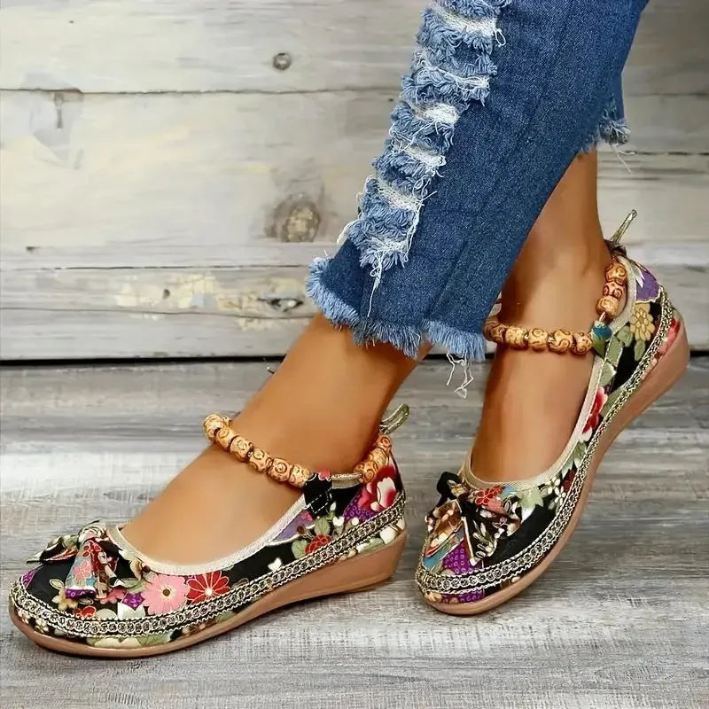 Women's black plus size national style platform sandals with cloth upper and elastic band