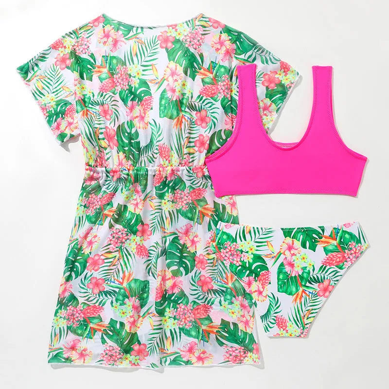Girls' two-piece swimsuit with floral pattern, briefs style, for swimming and wading sports