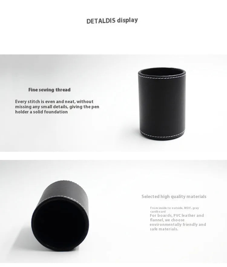 Round black leather pen holder with 8.0cm diameter on a desk