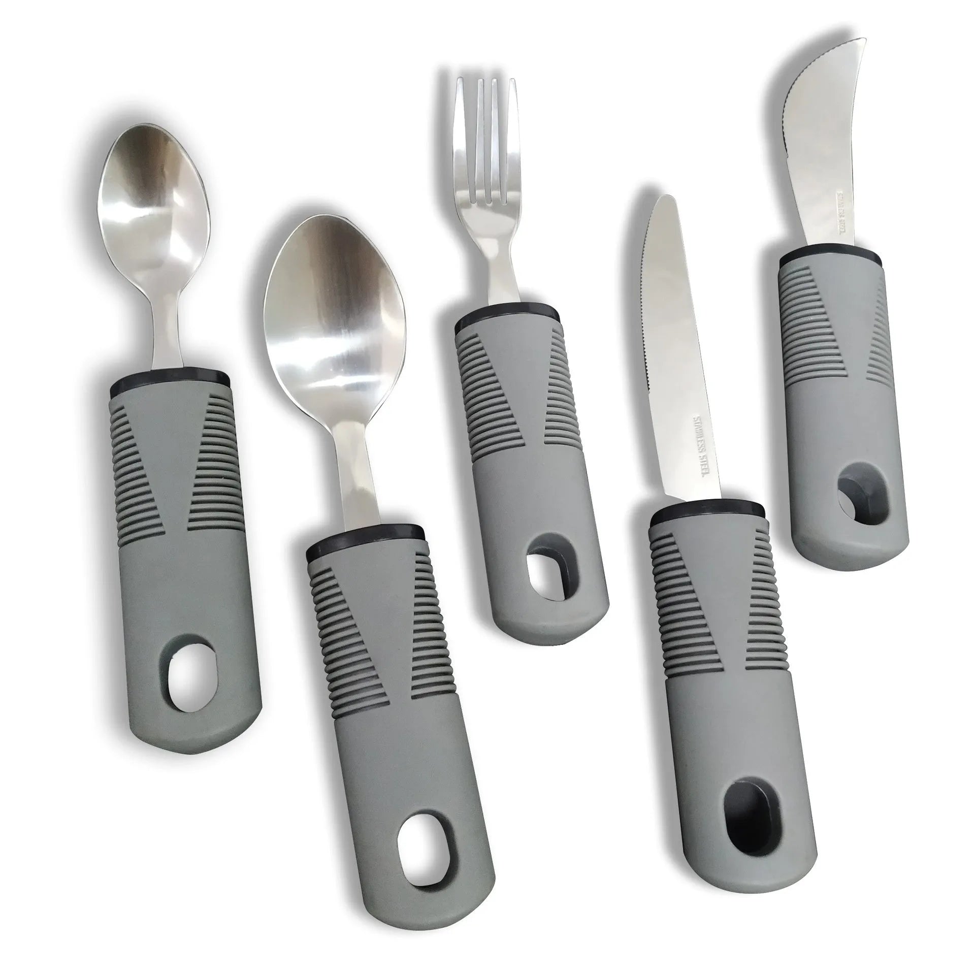 Stainless steel adaptive tableware with rubber handles in black and grey curved and straight designs