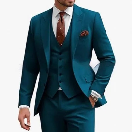 Men's slim fit three-piece suit in a choice of nine colours, shown on a hanger.