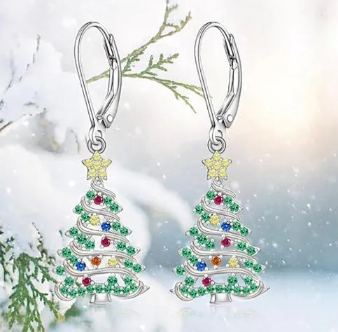 White gold colour Christmas tree earrings with star shape design for women